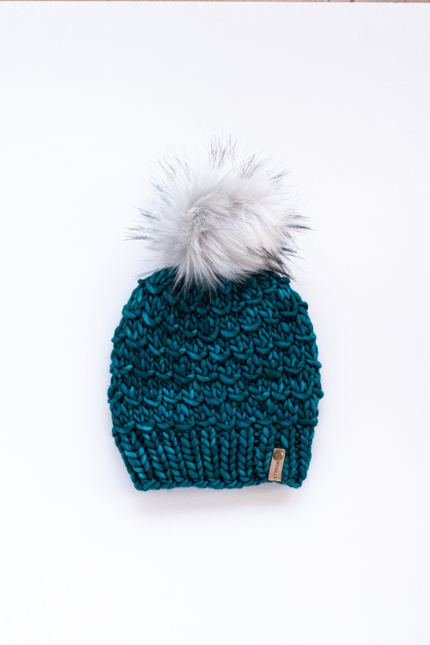 Teal Merino Wool Knit Hat with Faux Fur Pom Pom