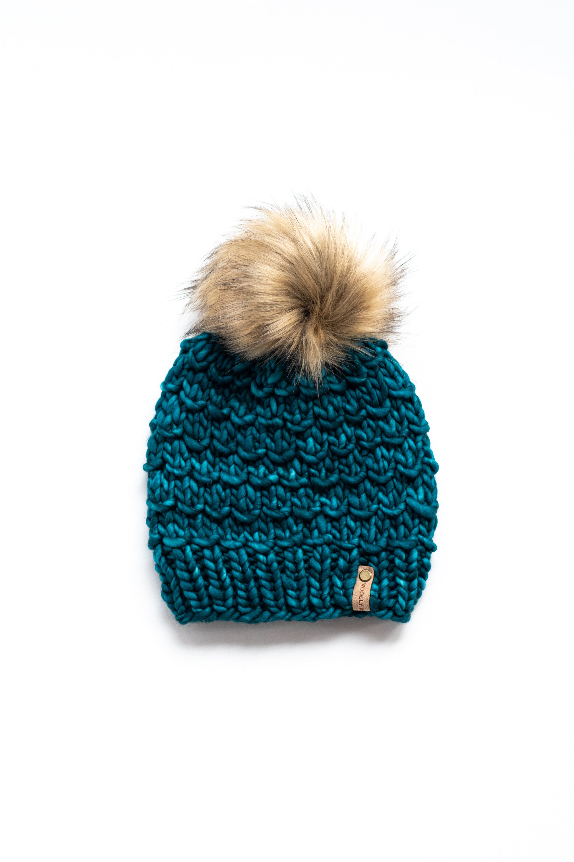 Adult Medium - The Crush Hat selling - Variegated Blue and Teal 100% Merino Wool, Luxe Faux Fur Pom