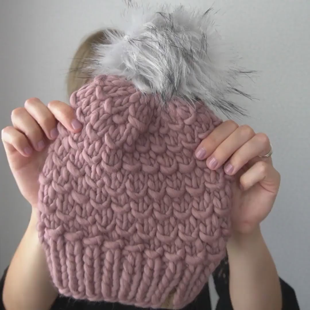 Forest Green Peruvian Wool Knit Hat with Faux Fur Pom Pom