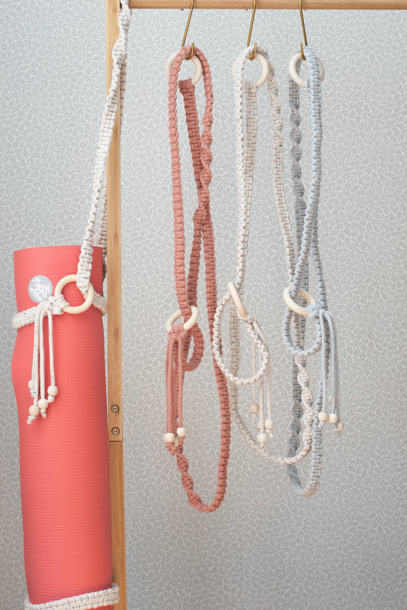 Macrame Yoga Mat Strap with wooden bead tassels and rings