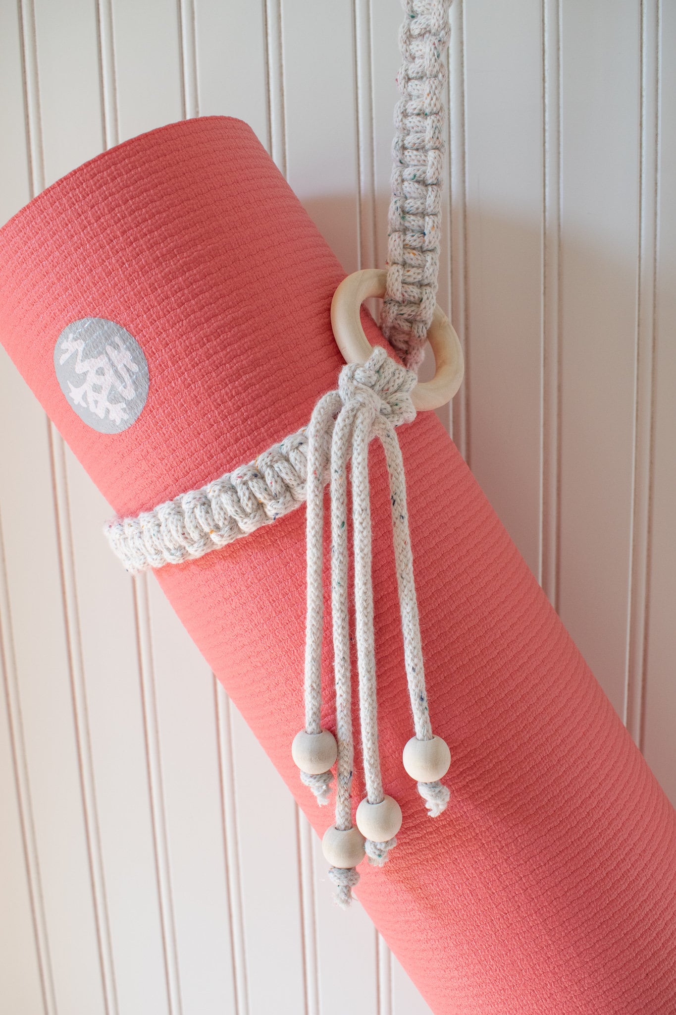 Macrame Yoga Mat Strap with wooden bead tassels and rings