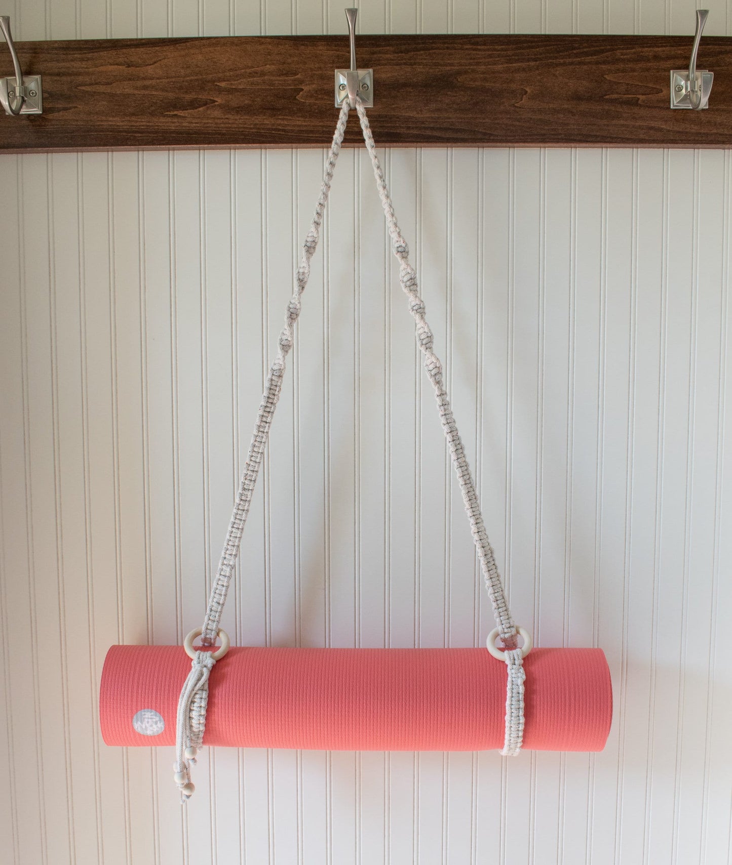 Macrame Yoga Mat Strap with wooden bead tassels and rings