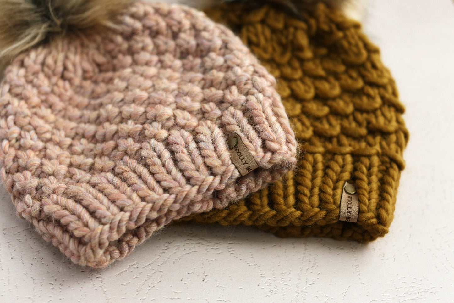 Blush Pink Peruvian Wool Knit Hat with Faux Fur Pom Pom