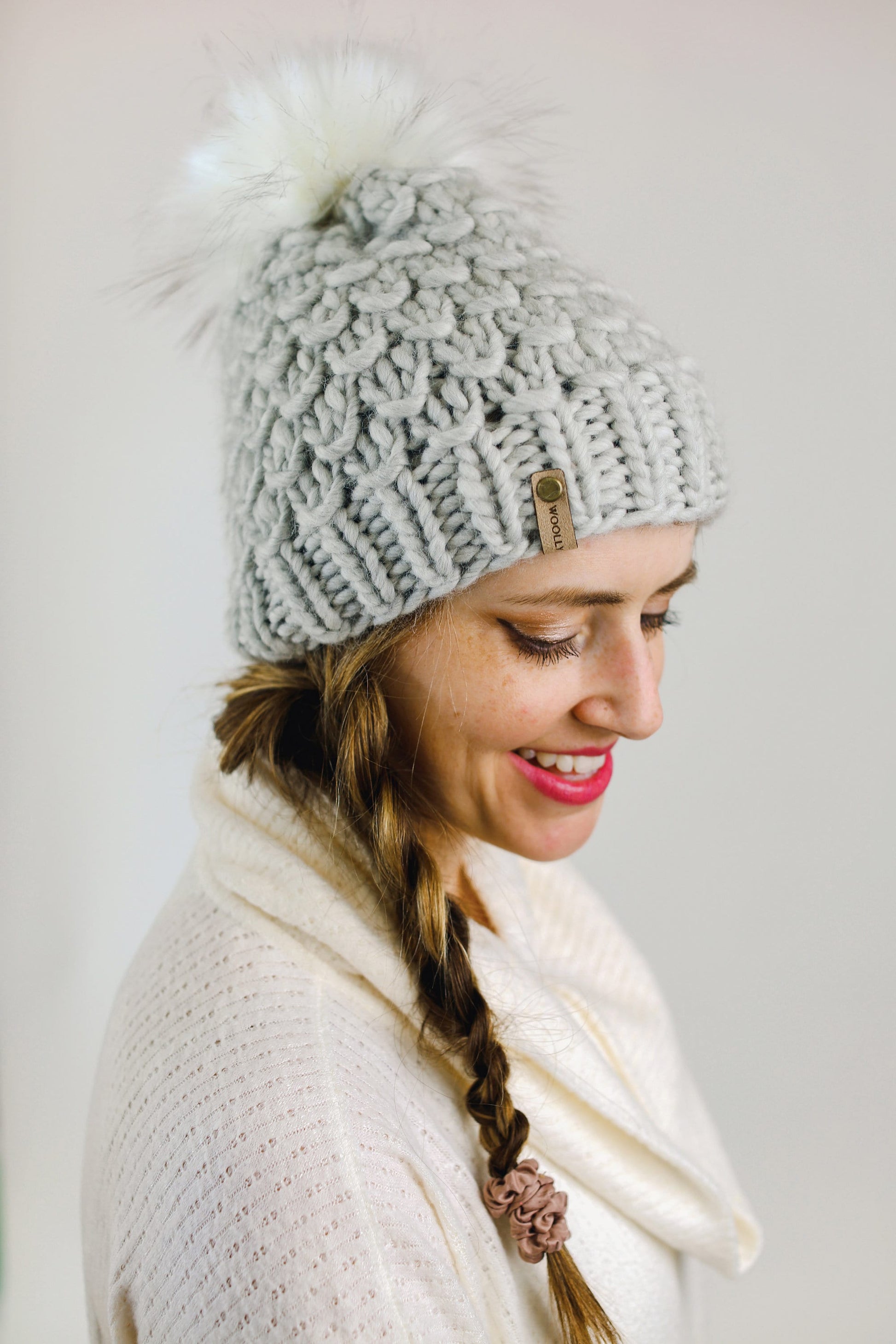 Light Gray Hand Knit Wool Hat with Pom Pom