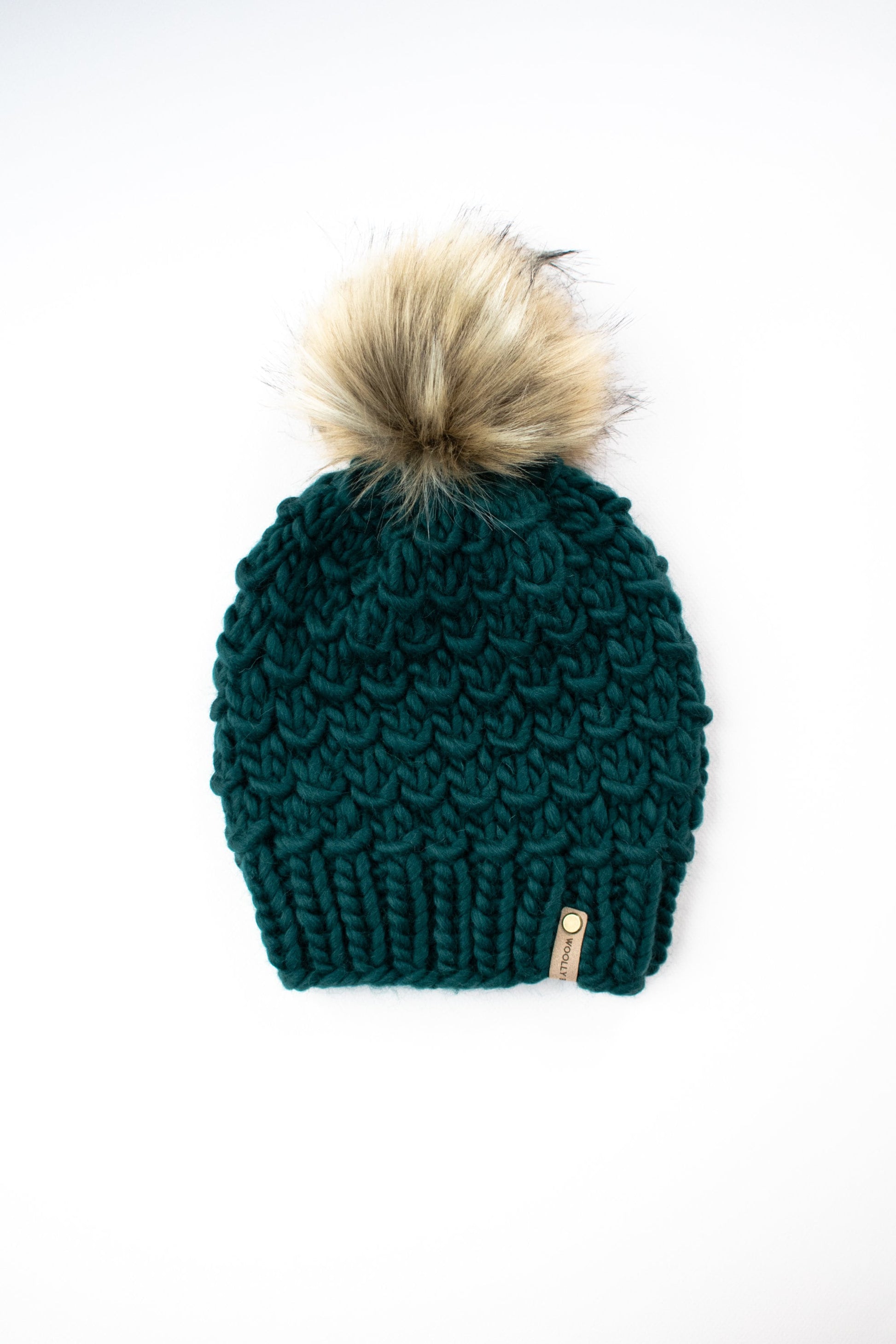 Forest Green Hand Knit Wool Hat with Pom Pom