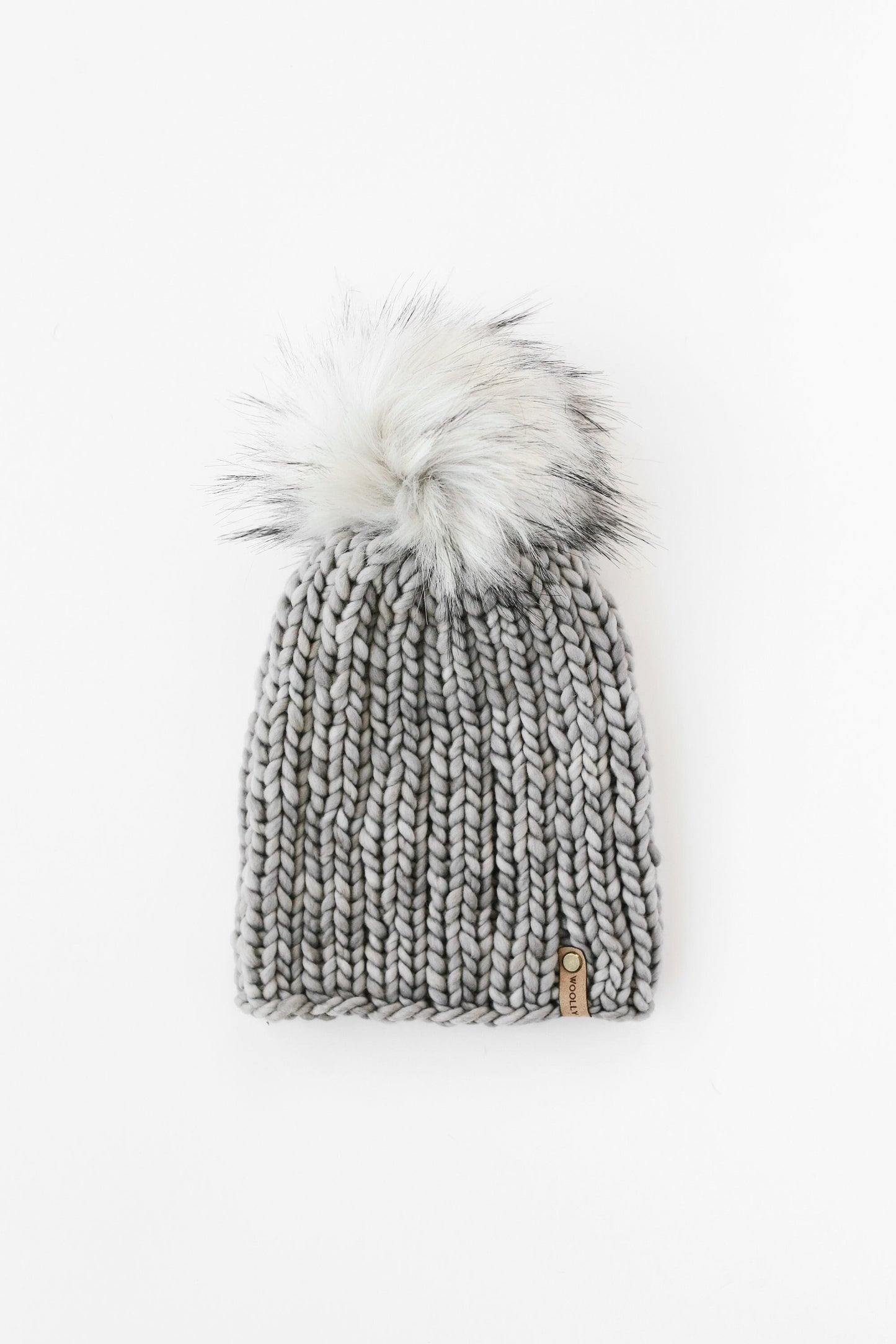 Gray Hand Knit Merino Wool Hat with Pom Pom