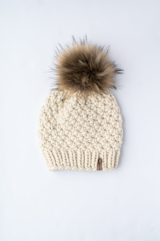 Ivory Hand Knit Wool Hat with Pom Pom