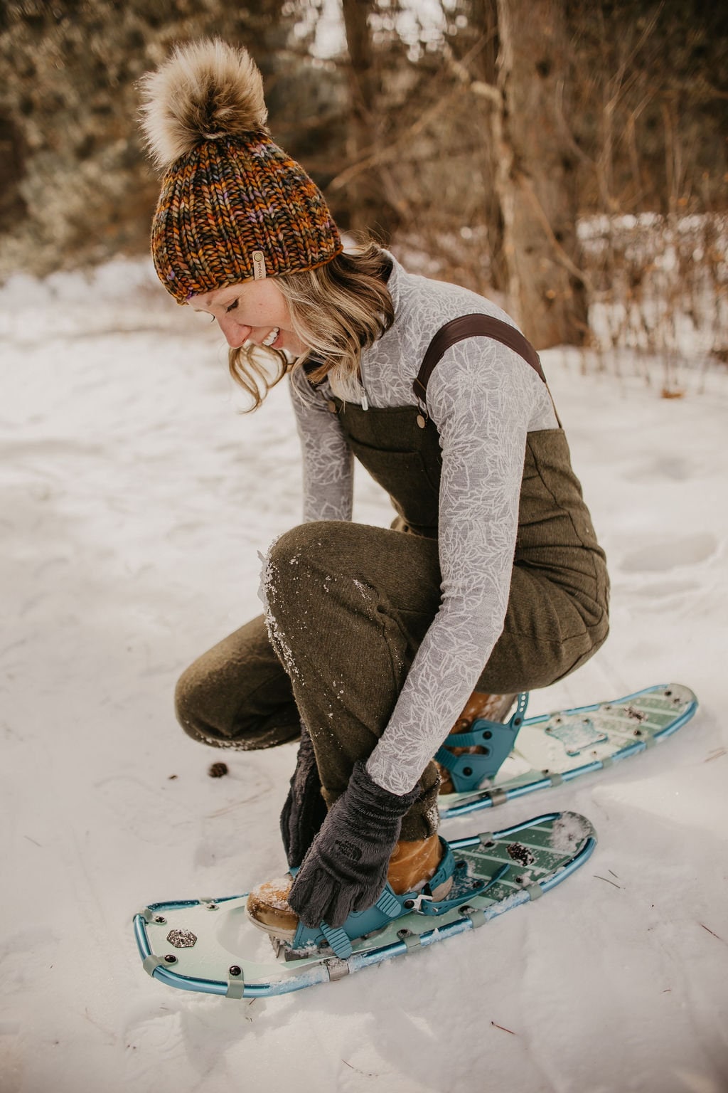 Brown Multi-Color Merino Wool Knit Hat with Faux Fur Pom Pom