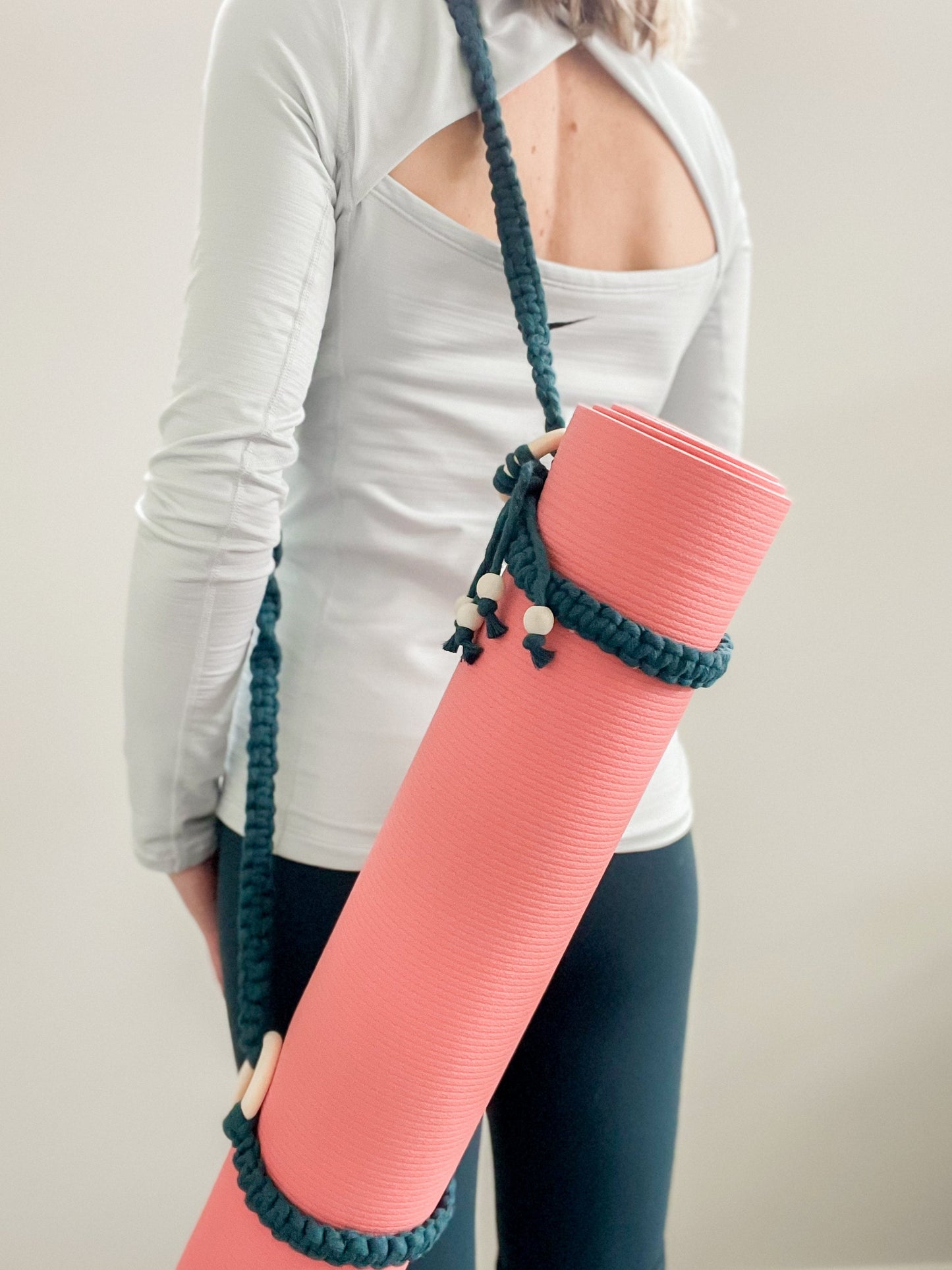 Macrame Yoga Mat Strap with wooden bead tassels and rings
