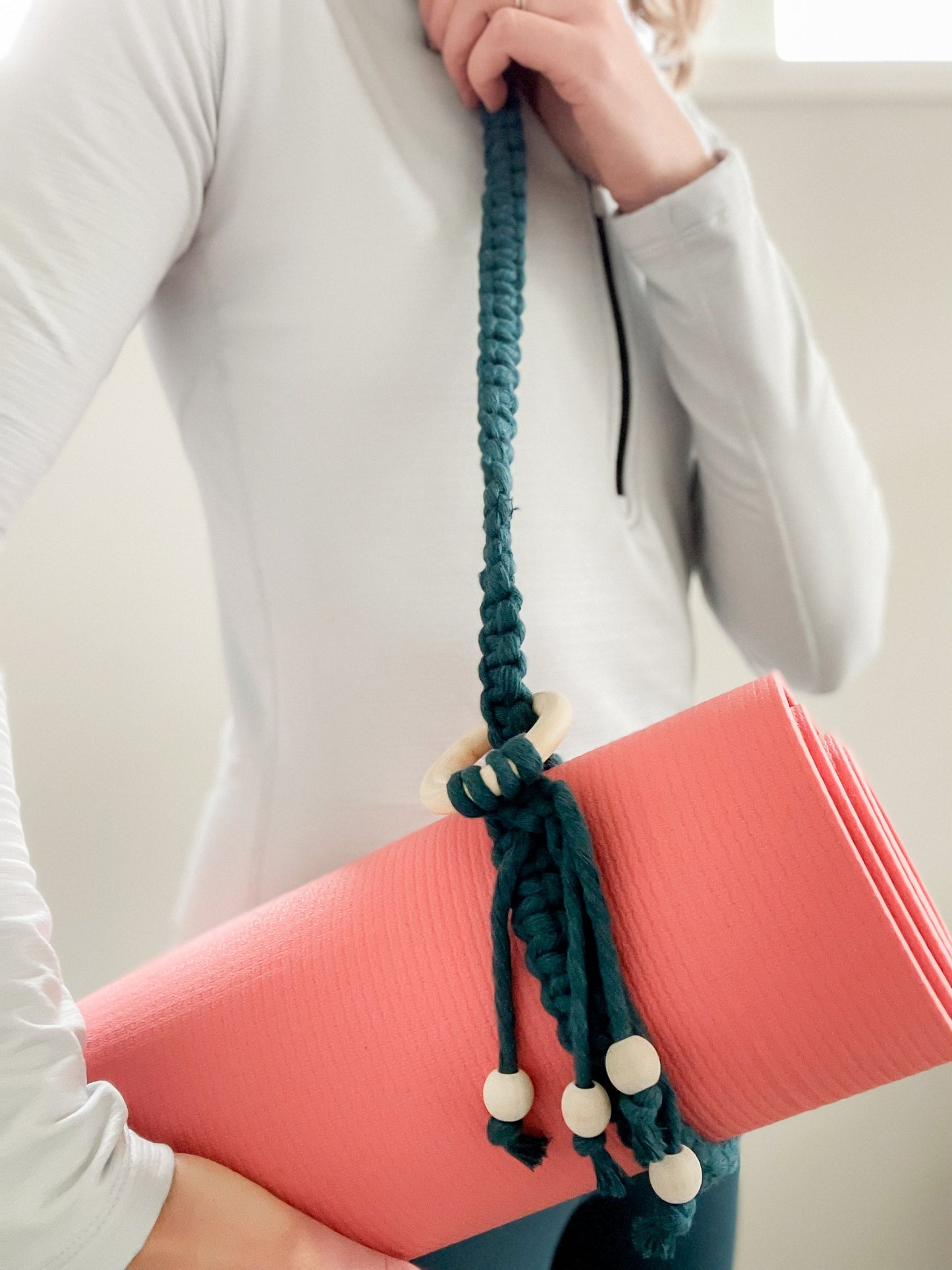 Macrame Yoga Mat Strap with wooden bead tassels and rings