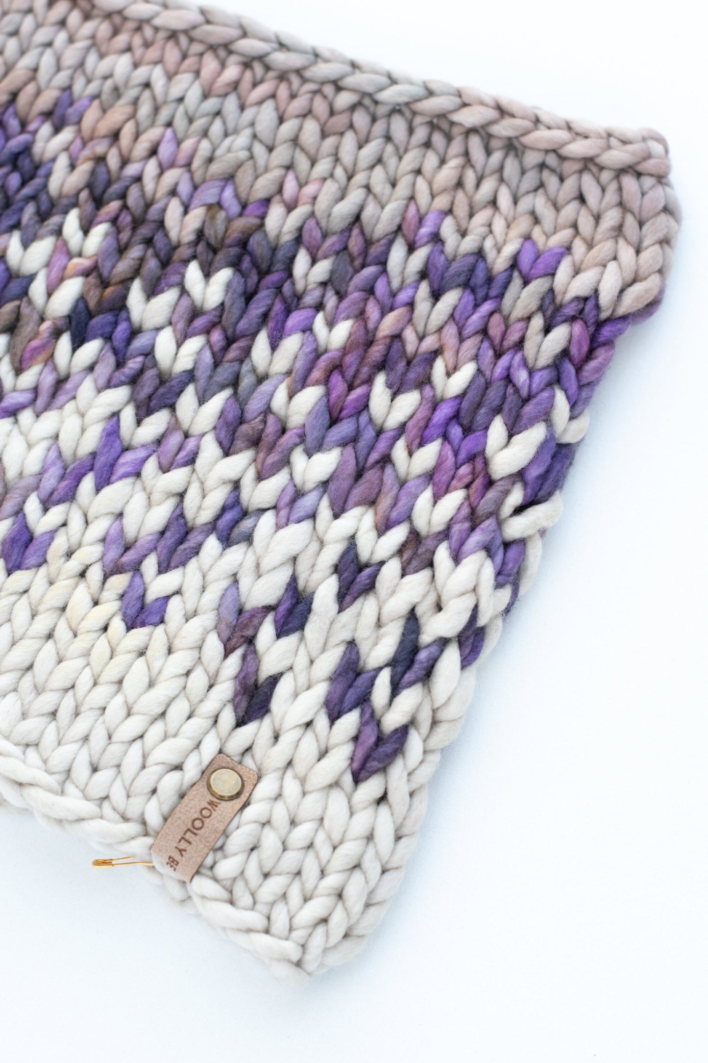 Beige and Purple Merino Wool Fair Isle Hand Knit Cowl