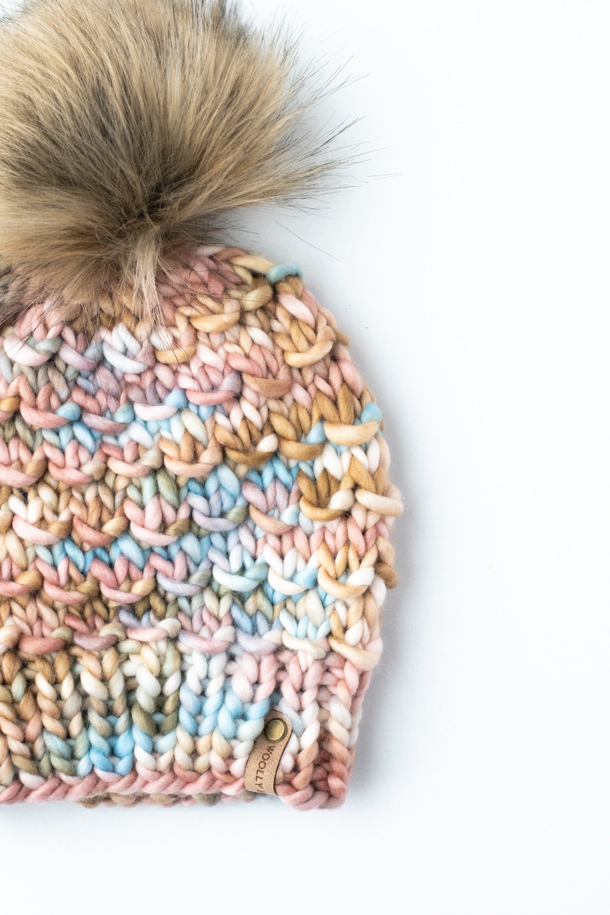 Copper and Blue Merino Wool Knit Hat with Faux Fur Pom Pom