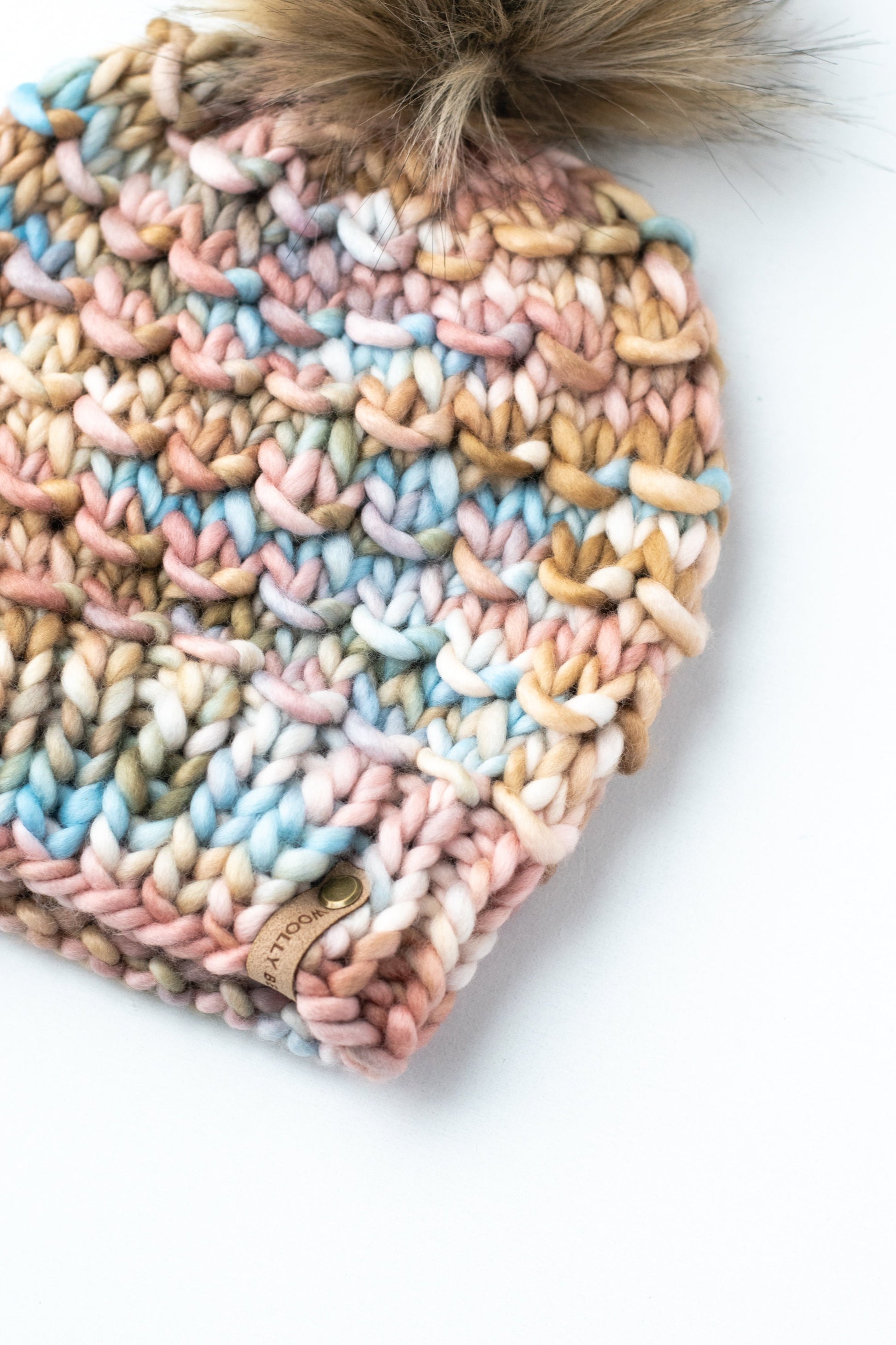 Copper and Blue Merino Wool Knit Hat with Faux Fur Pom Pom