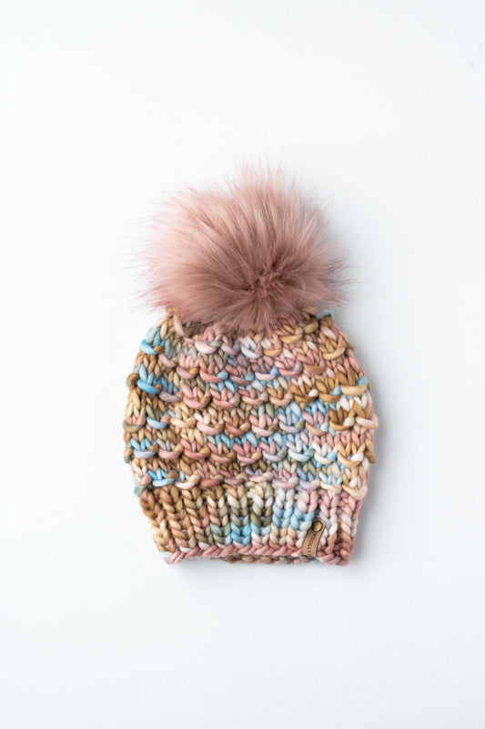 Copper and Blue Merino Wool Knit Hat with Faux Fur Pom Pom