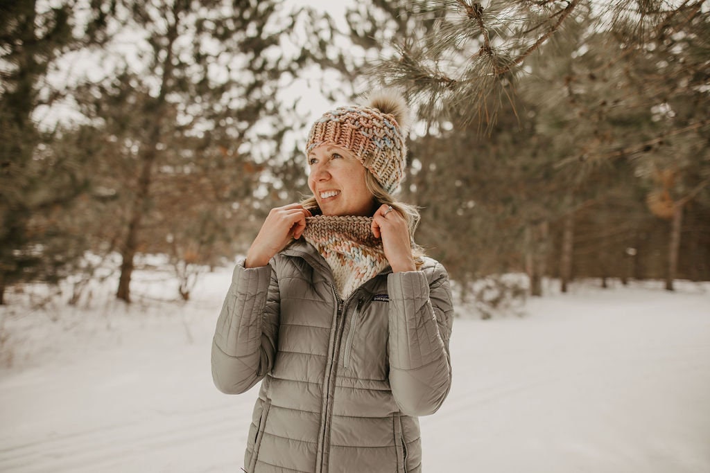 Blush and Beige Merino Wool Fair Isle Hand Knit Cowl