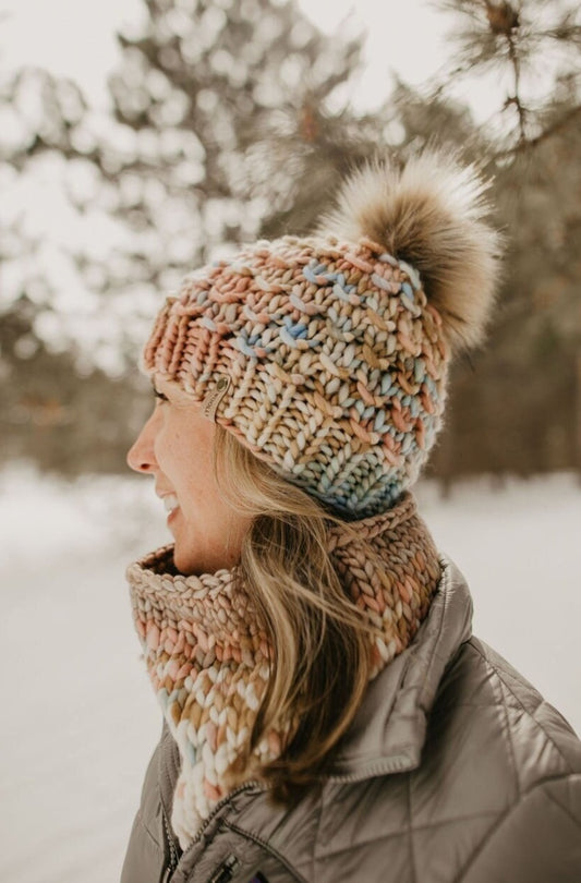 Blush and Beige Merino Wool Fair Isle Hand Knit Cowl