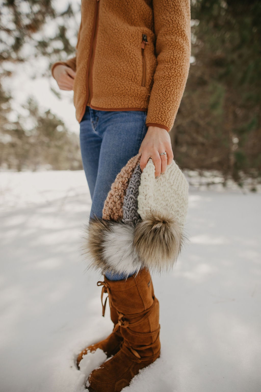 Blush Pink Peruvian Wool Knit Hat with Faux Fur Pom Pom