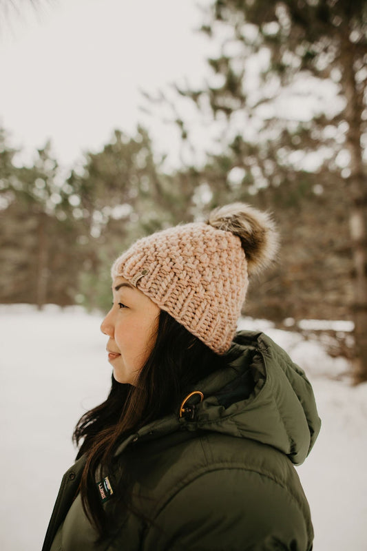 Blush Pink Peruvian Wool Knit Hat with Faux Fur Pom Pom