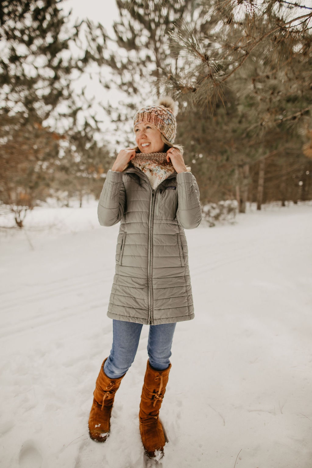 Copper and Blue Merino Wool Knit Hat with Faux Fur Pom Pom