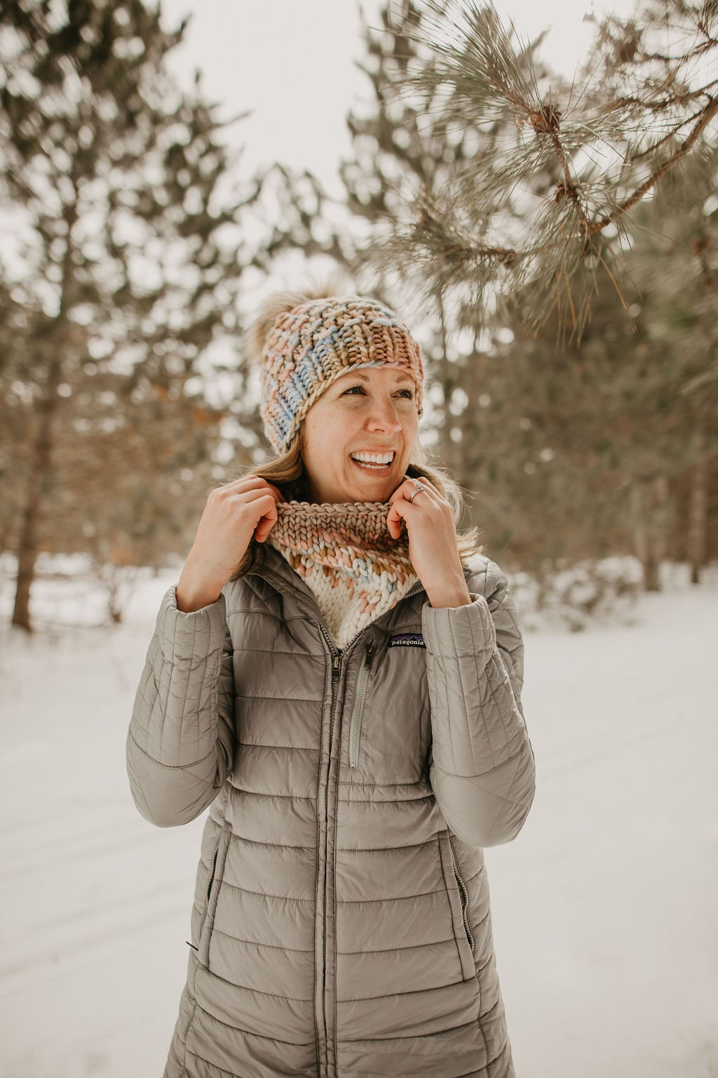Copper and Blue Merino Wool Knit Hat with Faux Fur Pom Pom