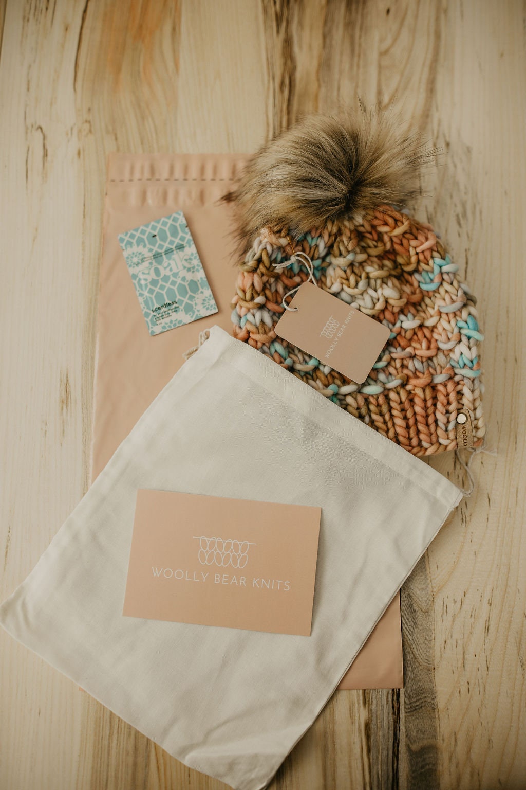 Copper and Blue Merino Wool Knit Hat with Faux Fur Pom Pom