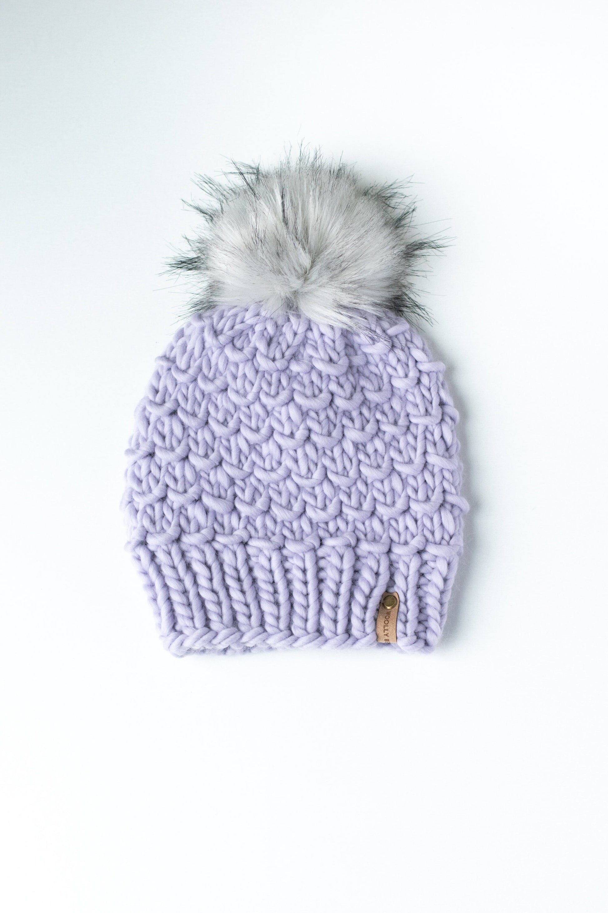 Lavender Peruvian Wool Knit Hat with Faux Fur Pom Pom