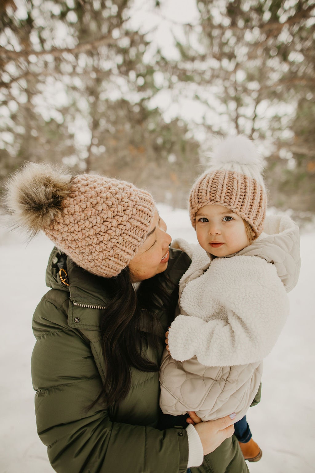 Blush Pink Peruvian Wool Knit Hat with Faux Fur Pom Pom