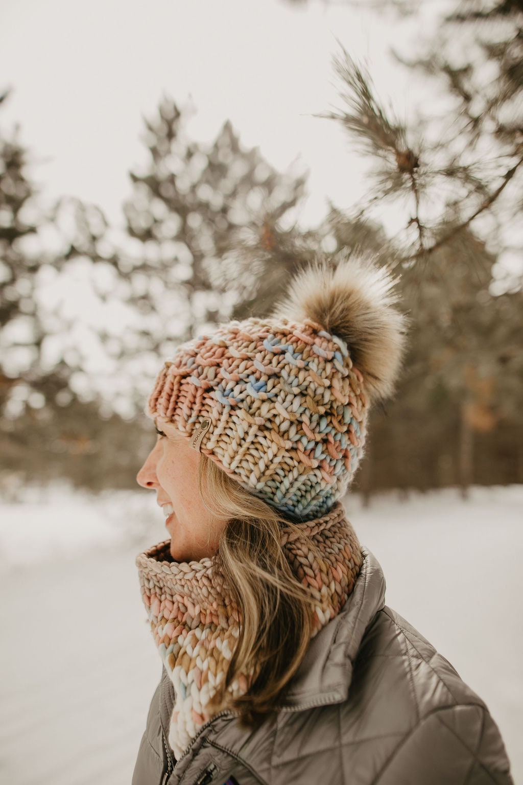 Copper and Blue Merino Wool Knit Hat with Faux Fur Pom Pom
