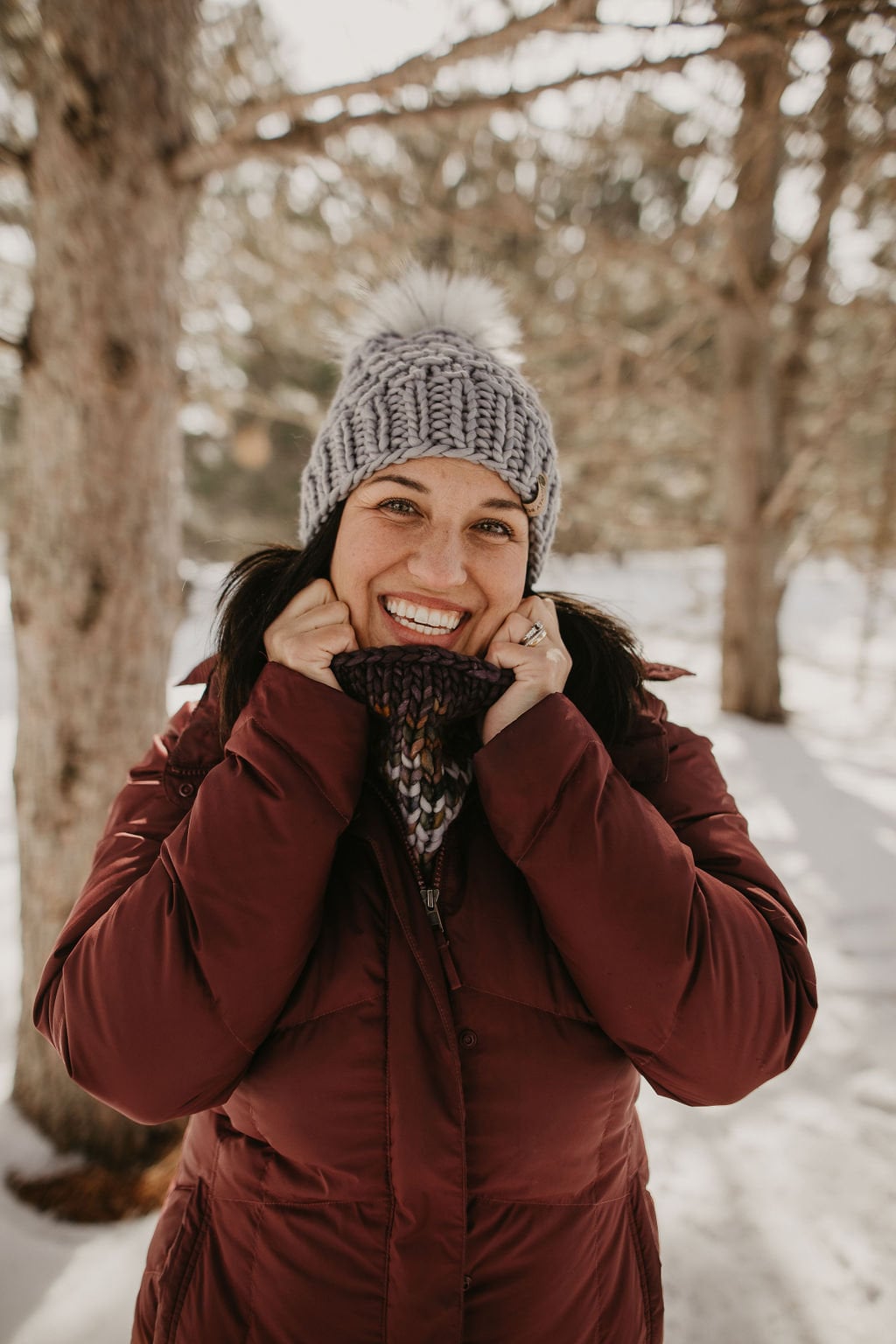 Gray Merino Wool Knit Hat with Faux Fur Pom Pom