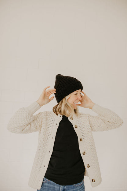 Black Merino Wool Hand Knit Ribbed Beanie