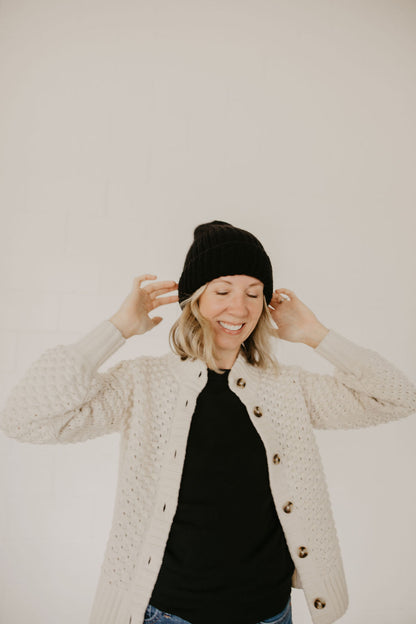 Black Merino Wool Hand Knit Ribbed Beanie