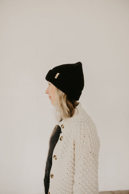 Black Merino Wool Hand Knit Ribbed Beanie