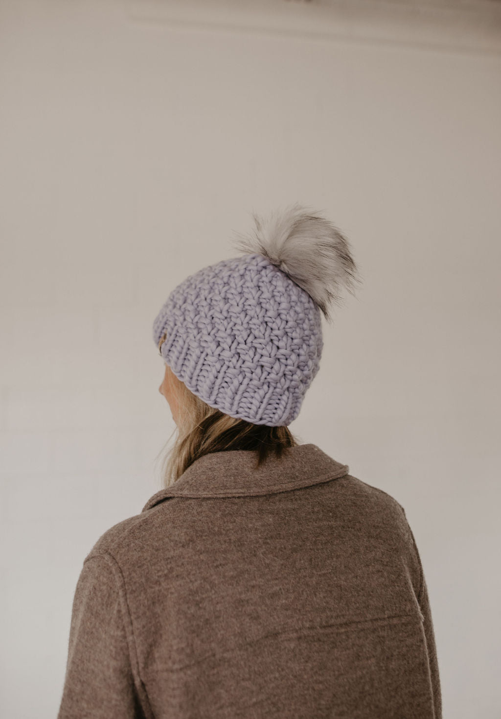 Lavender Peruvian Wool Knit Hat with Faux Fur Pom Pom