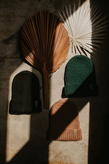 Black Merino Wool Hand Knit Ribbed Beanie