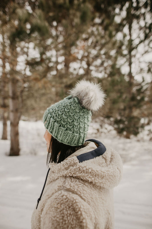 Sage Green Merino Wool Knit Hat with Faux Fur Pom Pom