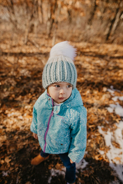 Child and Toddler Size Ribbed Knit Colorblock Peruvian Wool Hat with Faux Fur Pom Pom (More Colors Available)