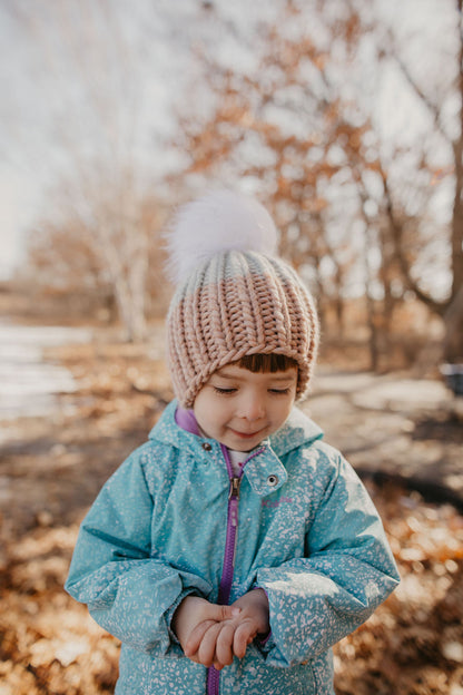 Child and Toddler Size Ribbed Knit Colorblock Peruvian Wool Hat with Faux Fur Pom Pom (More Colors Available)
