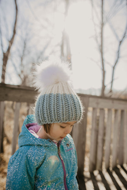 Child and Toddler Size Ribbed Knit Colorblock Peruvian Wool Hat with Faux Fur Pom Pom (More Colors Available)