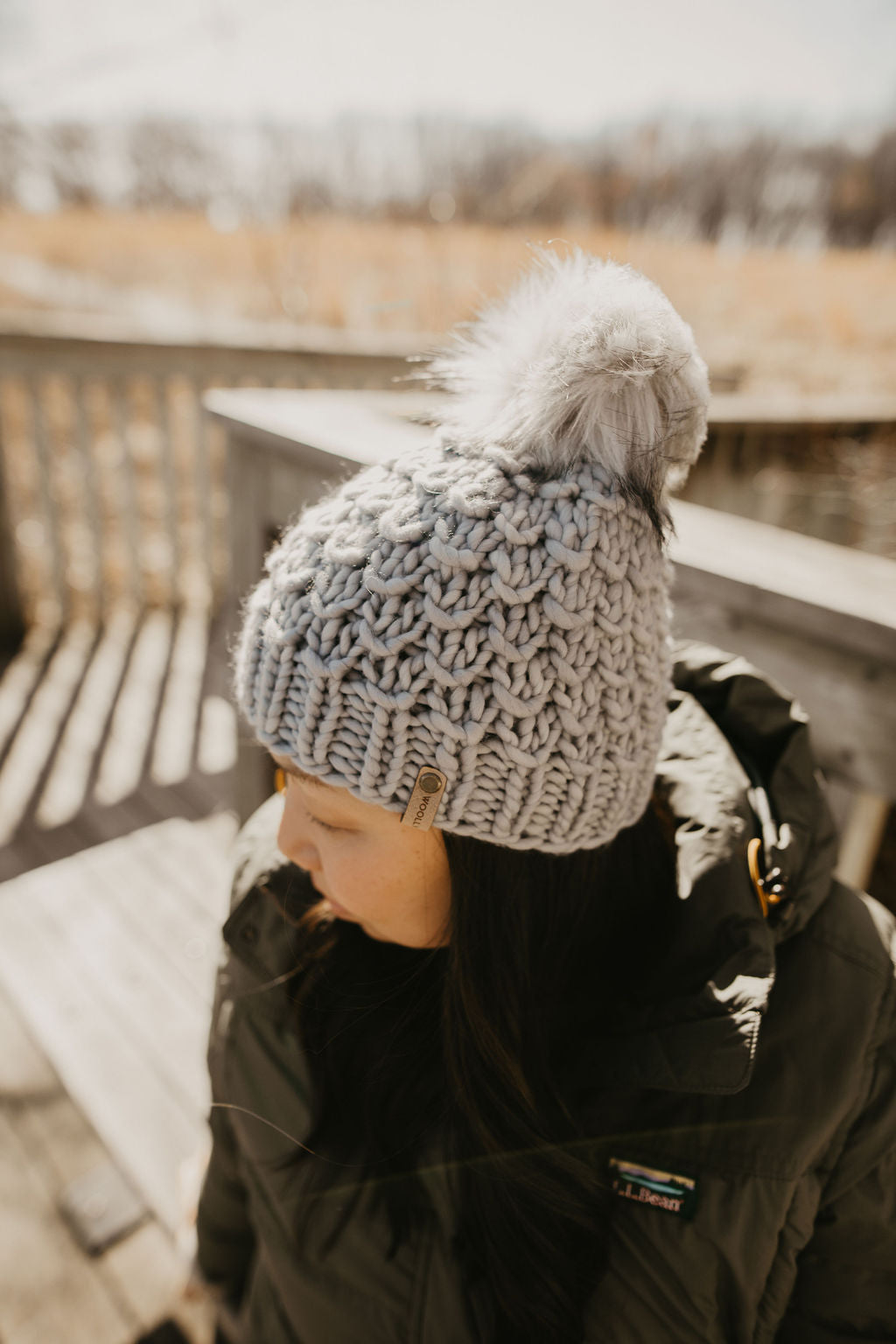 Gray Merino Wool Knit Hat with Faux Fur Pom Pom Woolly Bear Knits