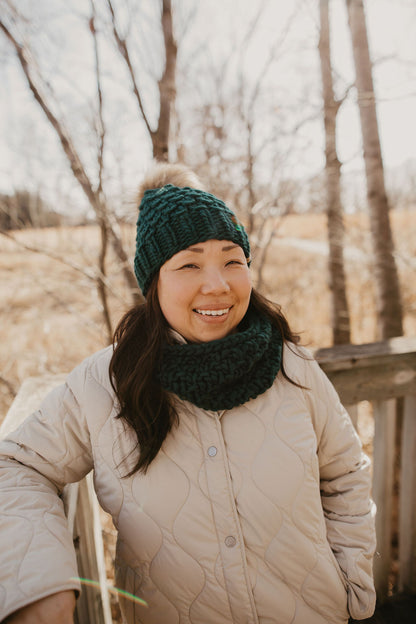 Forest Green Peruvian Wool Knit Hat with Faux Fur Pom Pom