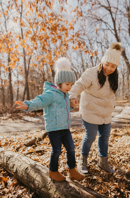 Child and Toddler Size Ribbed Knit Colorblock Peruvian Wool Hat with Faux Fur Pom Pom (More Colors Available)