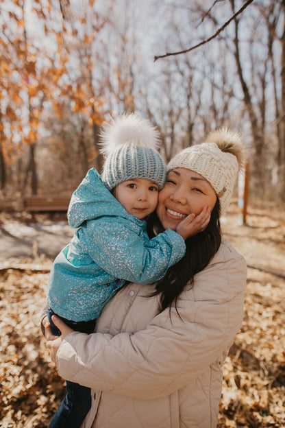 Ivory Merino Wool Knit Hat with Faux Fur Pom Pom