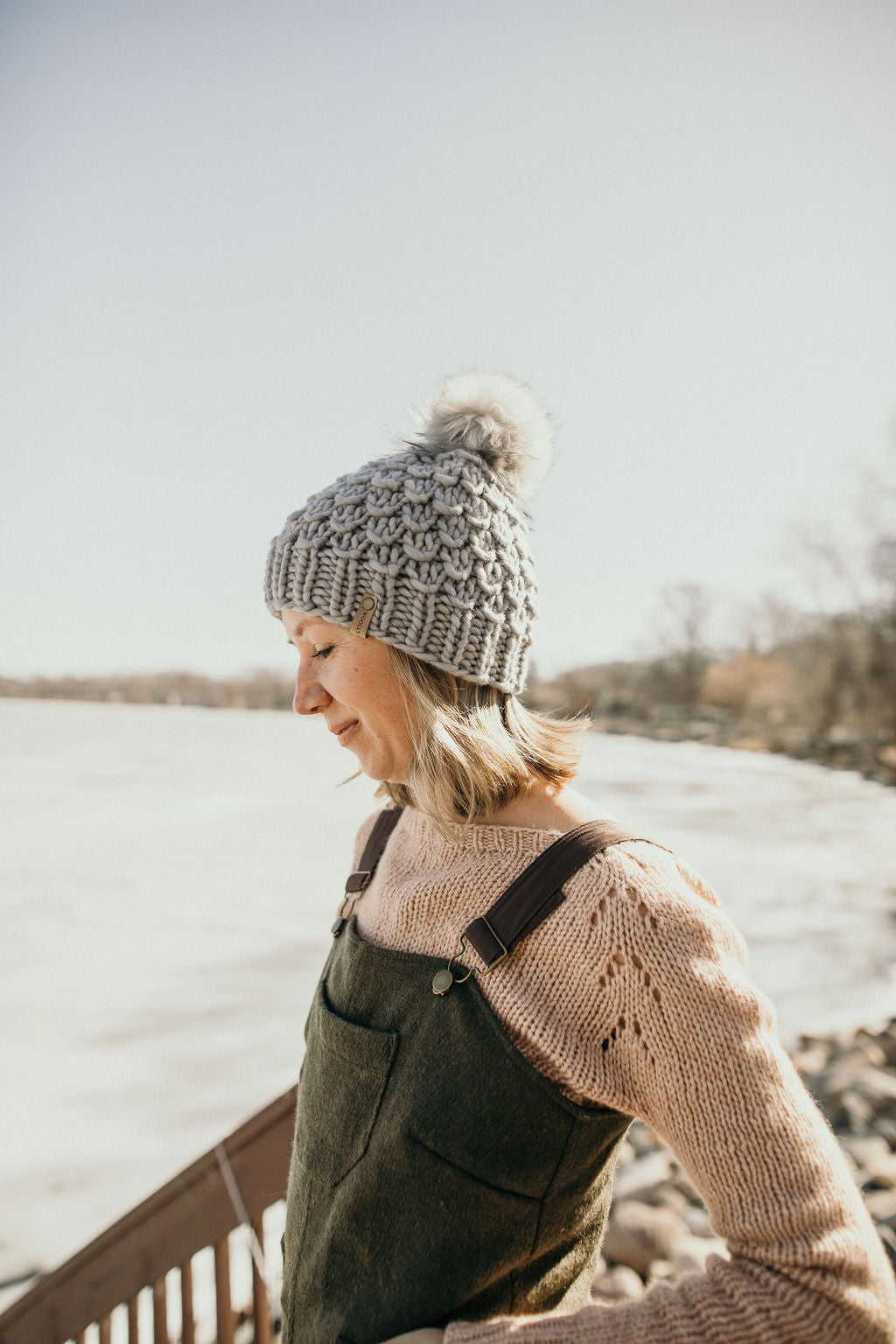 Hand knit merino wool outlets beanie hat with extra large faux fur pom gray burgundy gold women teen