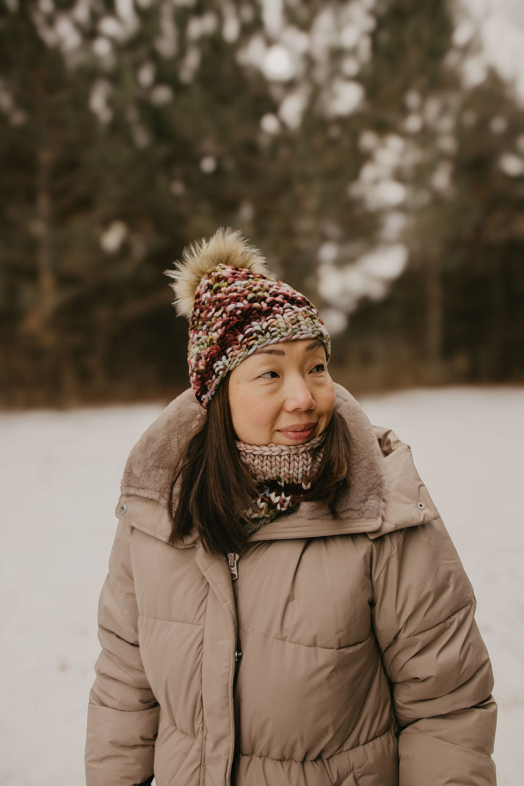 Cranberry Merino Wool Knit Hat with Faux Fur Pom Pom - Hand-Dyed Yarn