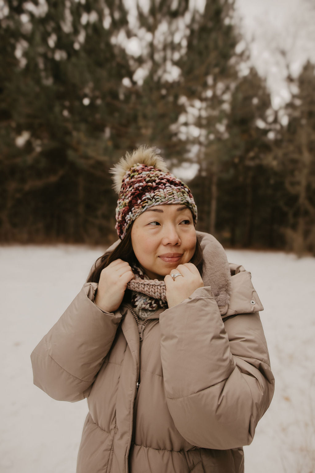 Cranberry Merino Wool Knit Hat with Faux Fur Pom Pom - Hand-Dyed Yarn
