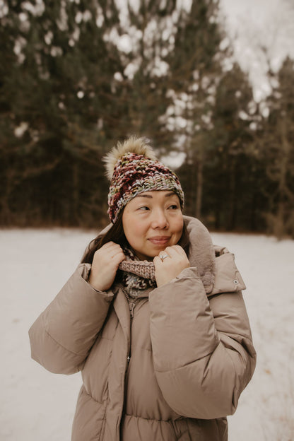 Cranberry Merino Wool Knit Hat with Faux Fur Pom Pom - Hand-Dyed Yarn