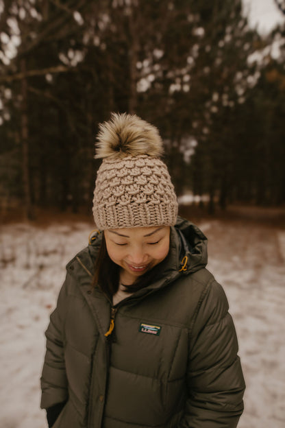Beige Merino Wool Knit Hat with Faux Fur Pom Pom