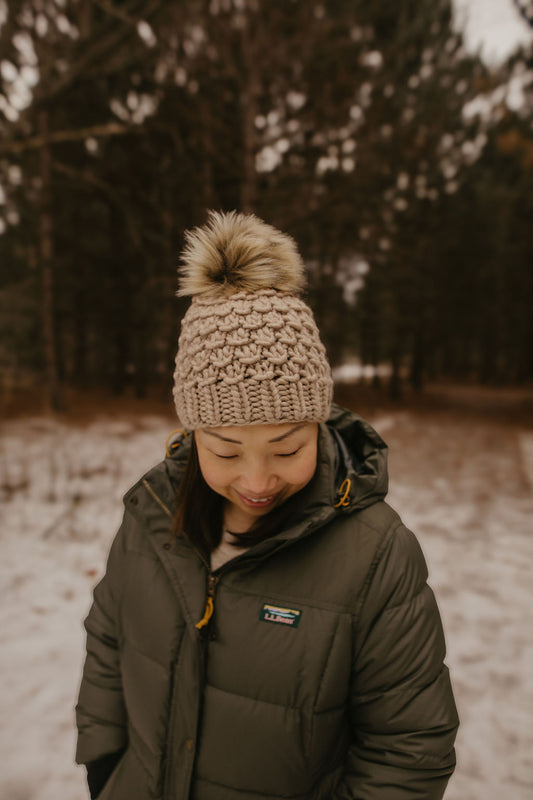 Beige Merino Wool Knit Hat with Faux Fur Pom Pom