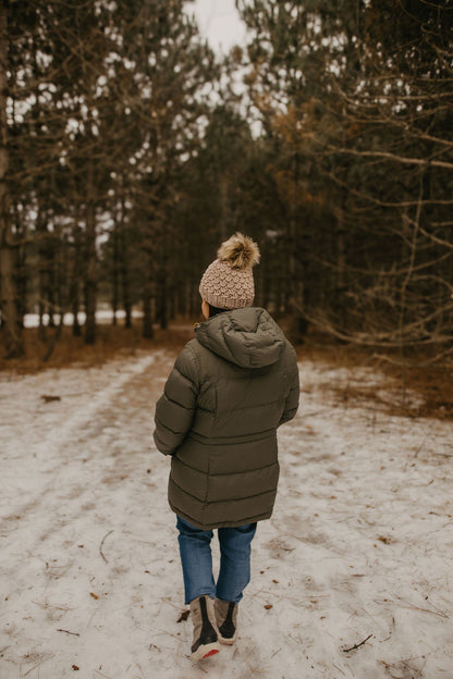 Beige Merino Wool Knit Hat with Faux Fur Pom Pom