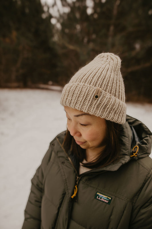 Beige Merino Wool Hand Knit Ribbed Beanie